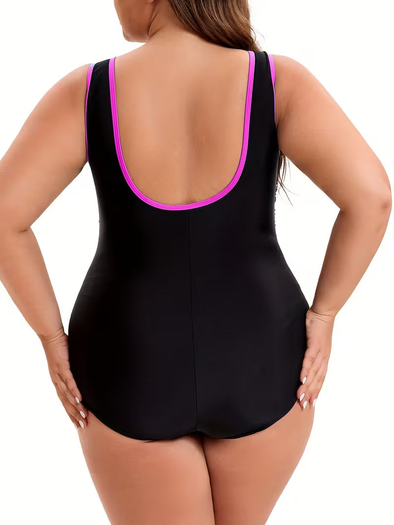 One-Piece Plus Size, Color-Blocking, Front Zipper, Slimming Swimsuit