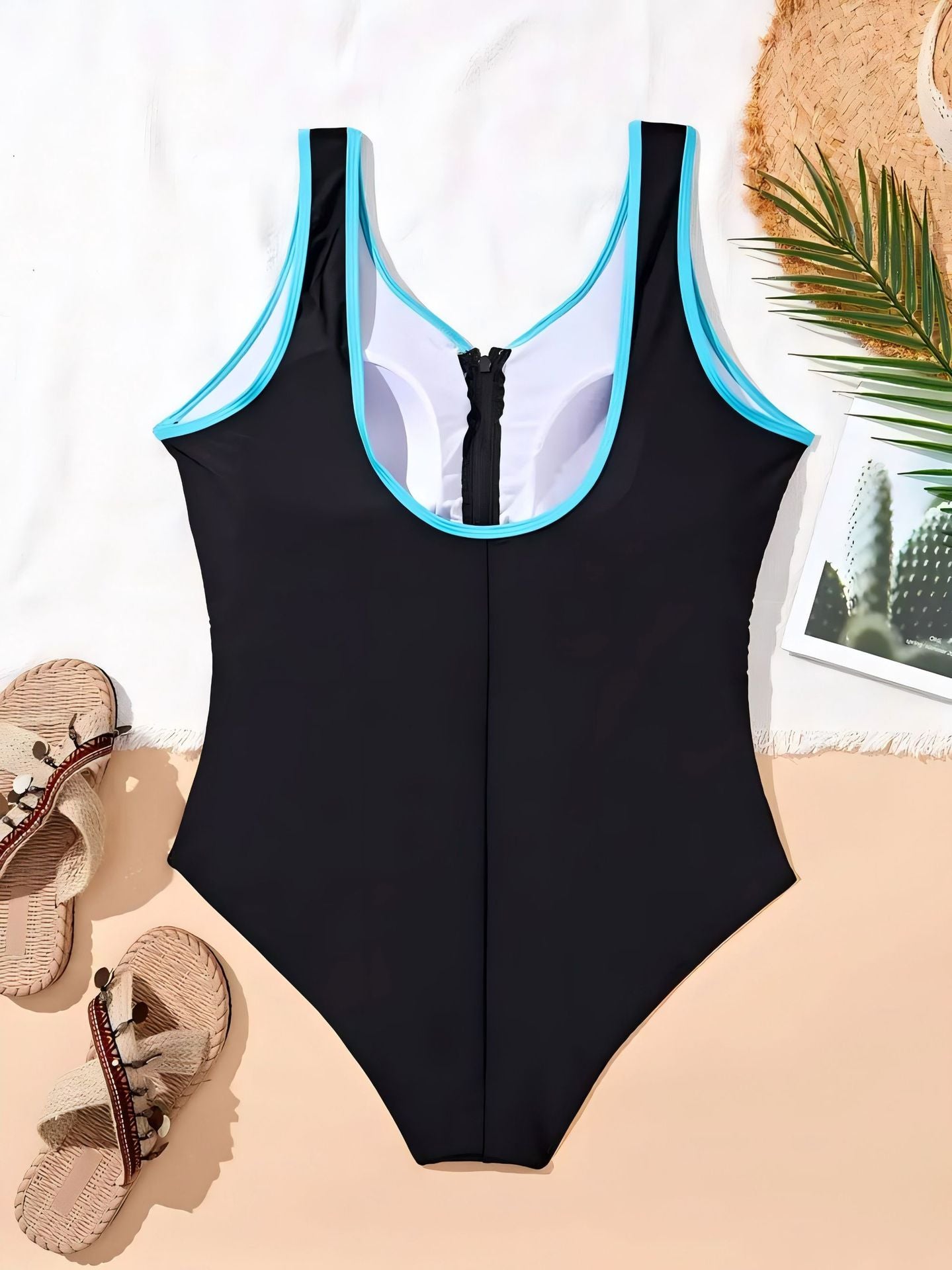 One-Piece Plus Size, Color-Blocking, Front Zipper, Slimming Swimsuit