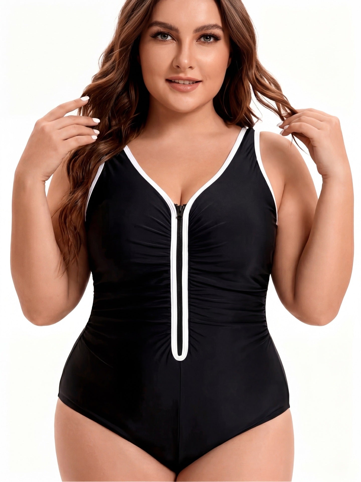 One-Piece Plus Size, Color-Blocking, Front Zipper, Slimming Swimsuit