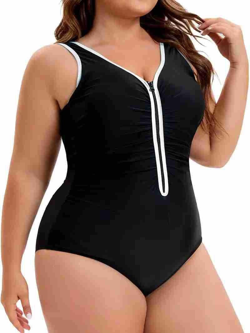 One-Piece Plus Size, Color-Blocking, Front Zipper, Slimming Swimsuit